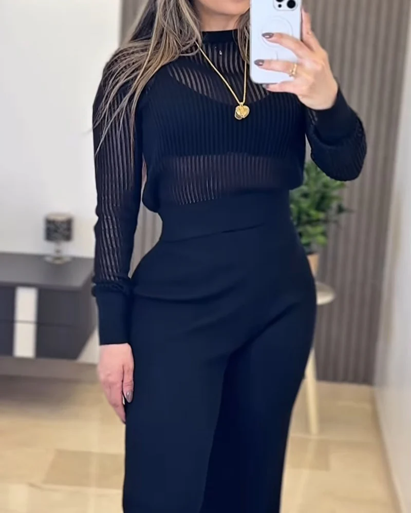 Round Neck Long Sleeve Vertical Pit Texture Top and Casual Wide Leg Pants Set - Image 3