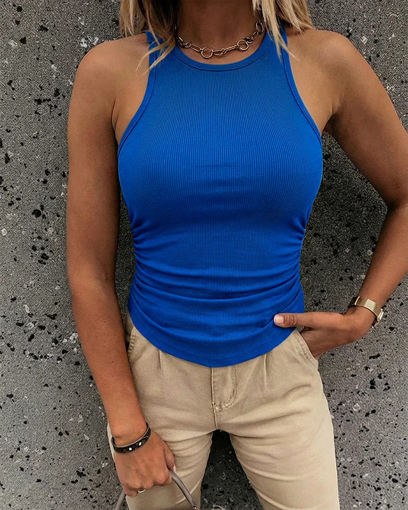 Round Neck Sleeveless Side Ruched Tank Slim Fit Ribbed Racerback Tank Top - Image 21