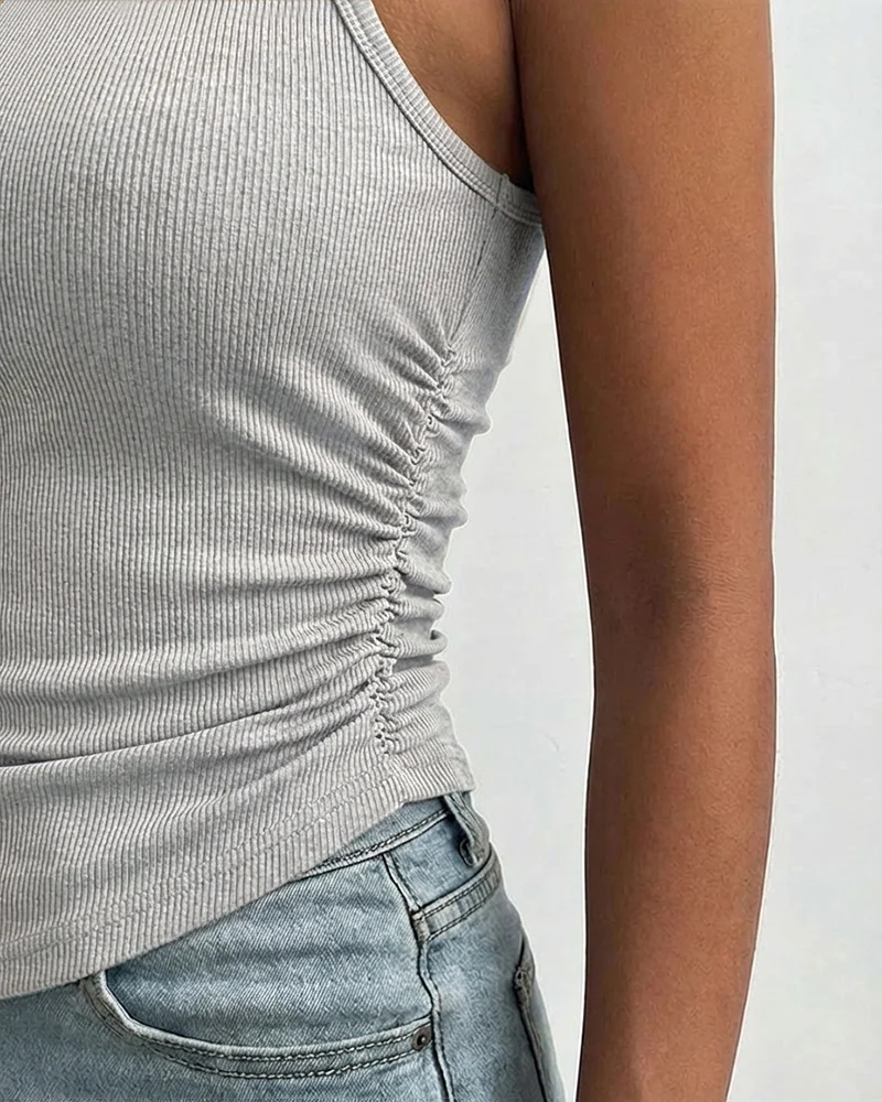 Round Neck Sleeveless Side Ruched Tank Slim Fit Ribbed Racerback Tank Top - Image 41