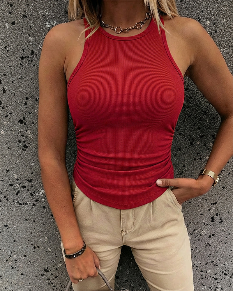 Round Neck Sleeveless Side Ruched Tank Slim Fit Ribbed Racerback Tank Top - Image 45