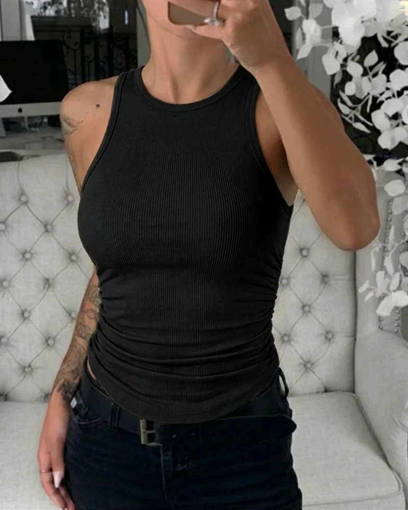 Round Neck Sleeveless Side Ruched Tank Slim Fit Ribbed Racerback Tank Top - Image 6