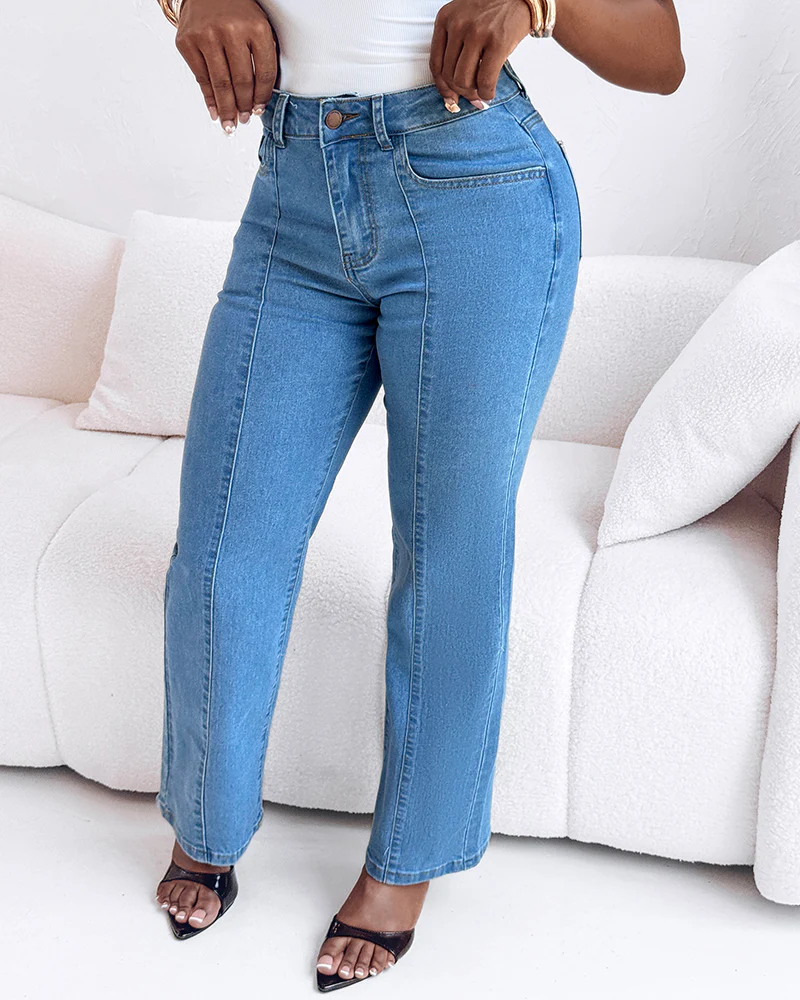 Seam Front High Wait Straight Leg Denim Pants Casual Zipper Fly Jeans - Image 14