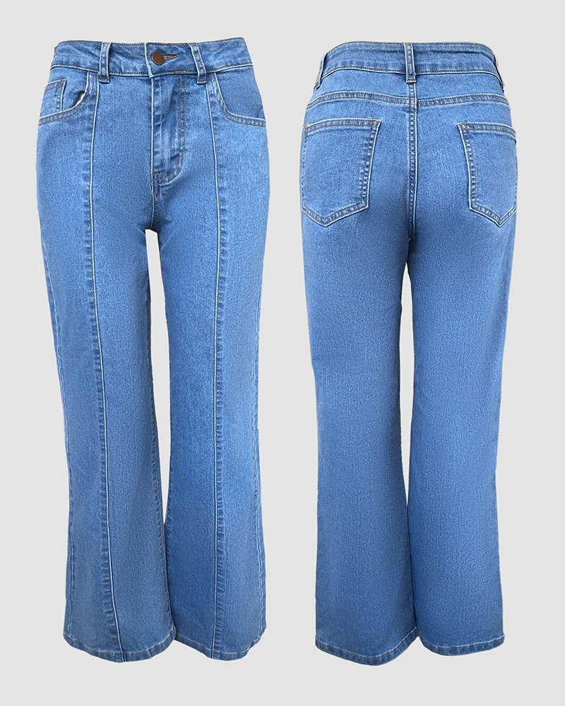 Seam Front High Wait Straight Leg Denim Pants Casual Zipper Fly Jeans - Image 9
