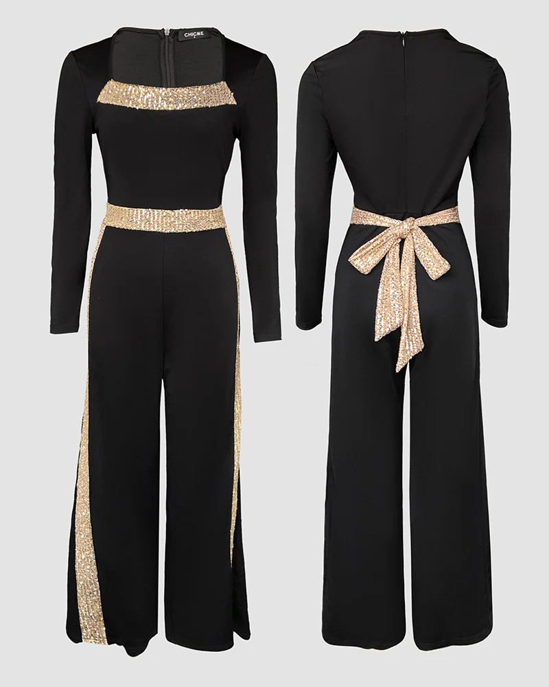 Sequin Bowknot Decor Contrast Sequin Paneled Square Neck Long Sleeve Jumpsuit Casual Cinched Waist Wide Leg Jumpsuit - Image 7