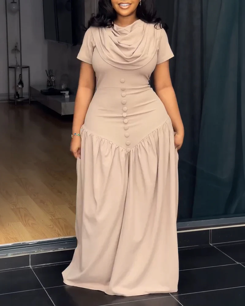 Single Breasted Decor Cowl Neck Short Sleeve Cinched Waist Maxi Dress Elegant Zipper Back Ruched Party Dress - Image 5