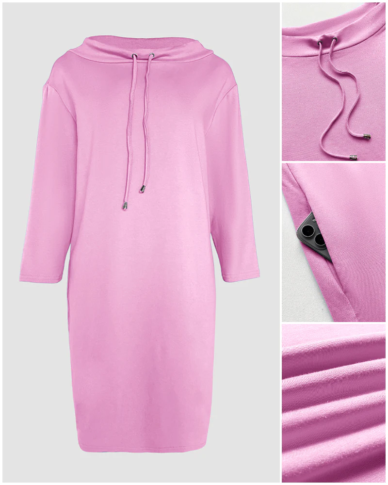 Stand Collar Drawstring Three Quarters Sleeve Casual Sweatshirt Dress - Image 20