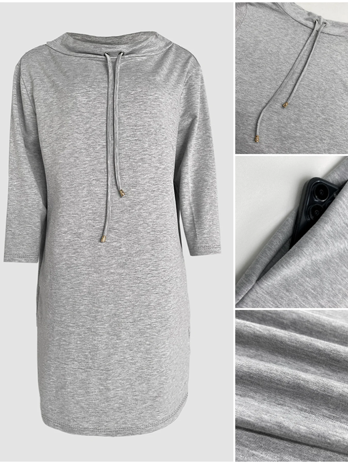 Stand Collar Drawstring Three Quarters Sleeve Casual Sweatshirt Dress - Image 5