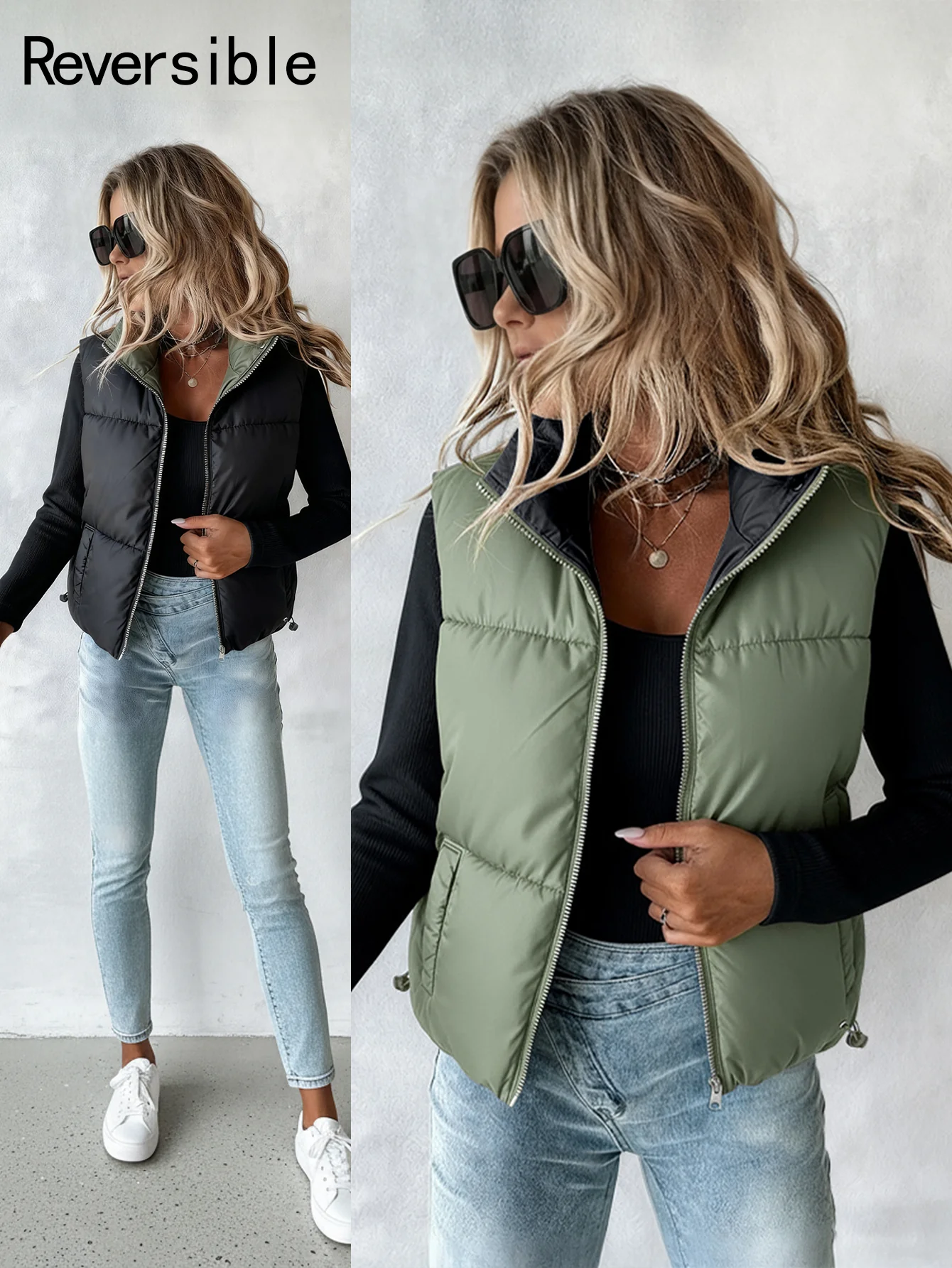 Stand Collar Sleeveless Zip Up Drawstring Hem Vest Casual Two-Way Reversible Ladies Warm Winter Padded Coat - Image 5