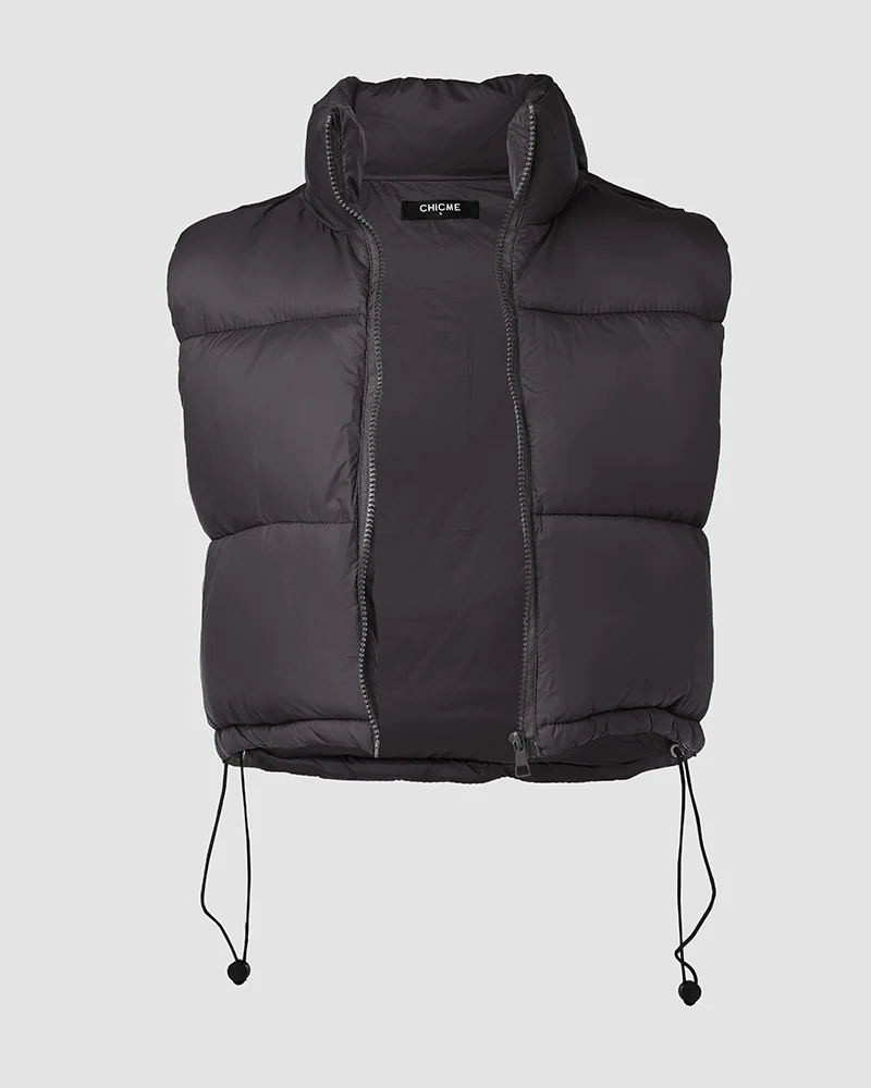 Stand Collar Zip Up Lightweight Cropped Puffer Vest Sleeveless Drawstring Hem Padded Coat - Image 12