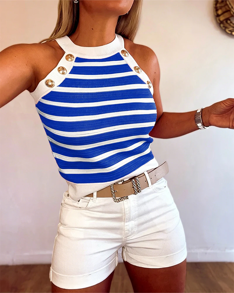 Striped Halter Sleeveless Tank Causal Golden Button Decor Breathable Knit Top - Image 12