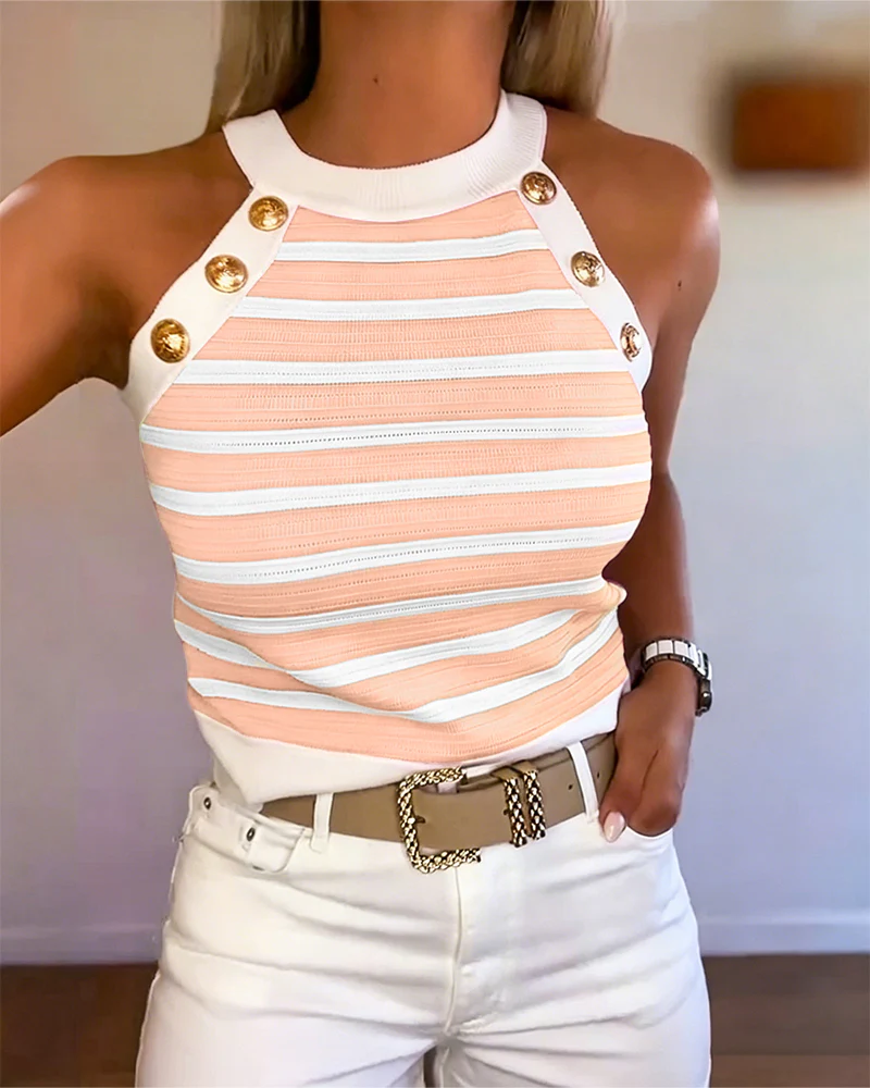 Striped Halter Sleeveless Tank Causal Golden Button Decor Breathable Knit Top - Image 36