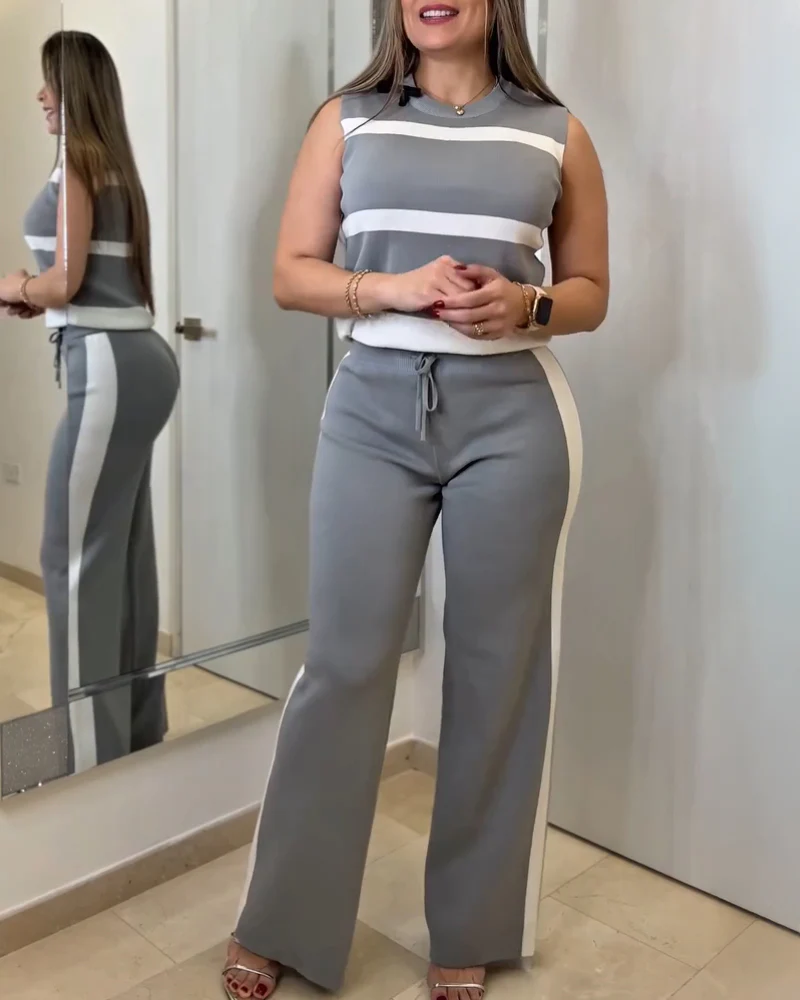 Striped Print Round Neck Sleeveless Top and Casual Elastic Waist Drawstring Pants Sets - Image 8