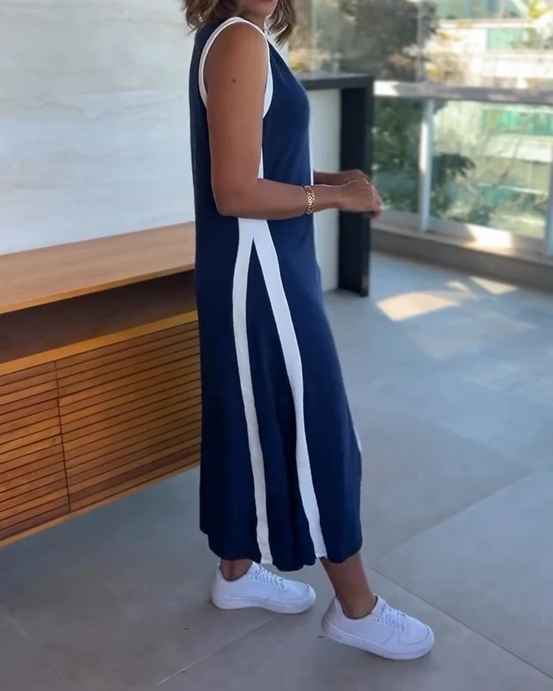 Colorblock Spliced Deep V-Neck Sleeveless Slit Front Dress Casual Loose Fit A Line Dress - Image 10
