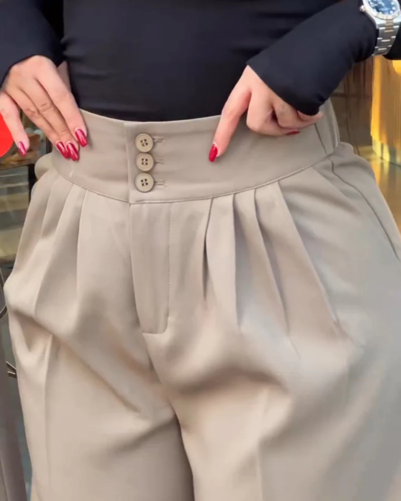 Stylish Plain High Waist Adjustable Button Pants Casual Back Shirred Wide Leg Pants with Pockets - Image 3