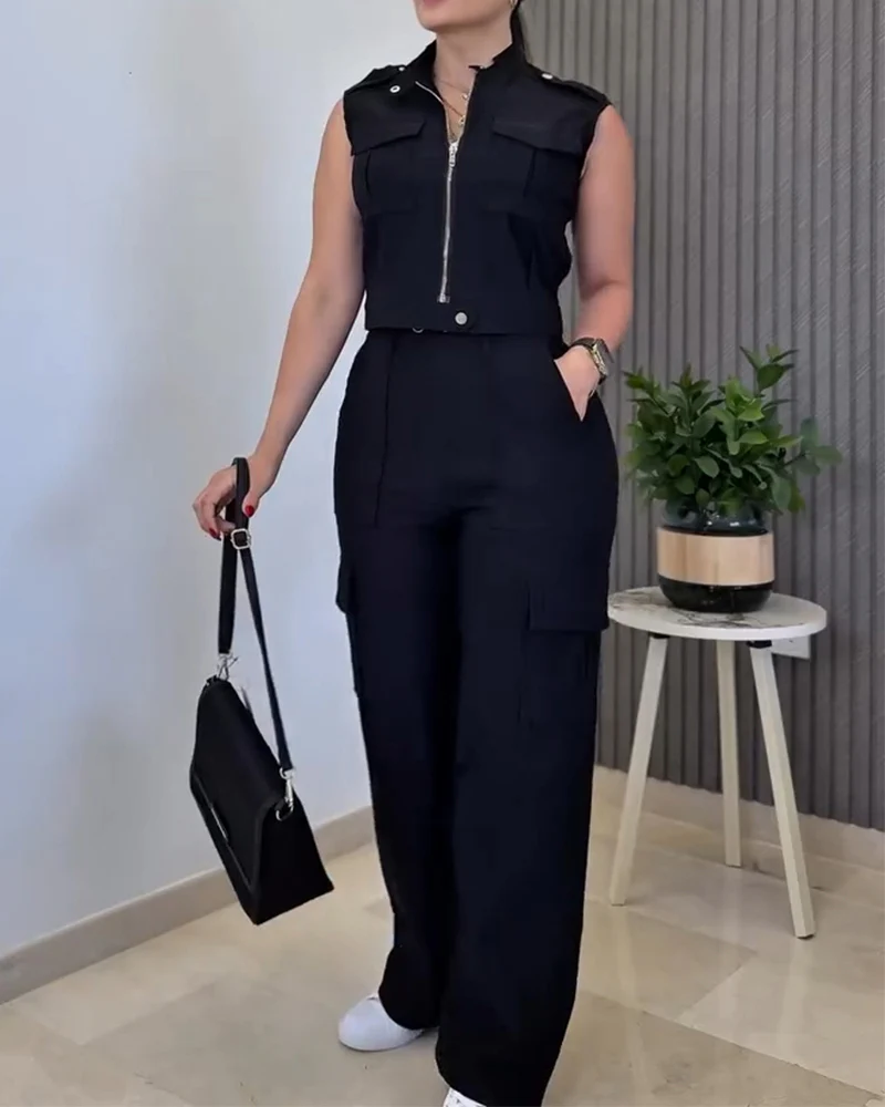 Stylish Plain Two-piece Set 3D Cargo Pockets Sleeveless Tank Top and Casual High Waist Wide Leg Pants Set - Image 6