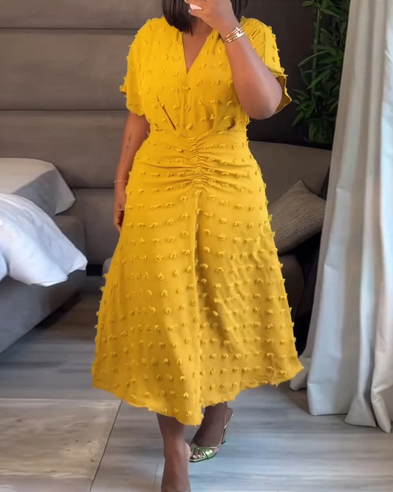 3D Decor Overlap V Neck Short Sleeve Cinched Waist Mid-length Dress Casual Ruched Waist Zipper Back Vacation Dress - Image 4