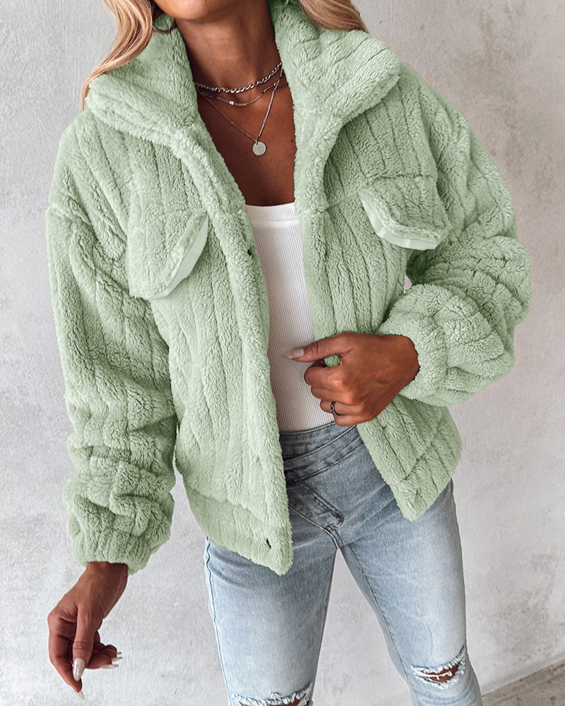 Textured Striped Turn-down Collar Button Front Elastic Cuff and Hem Teddy Fleece Jacket With Decorative Flap Pockets - Image 24