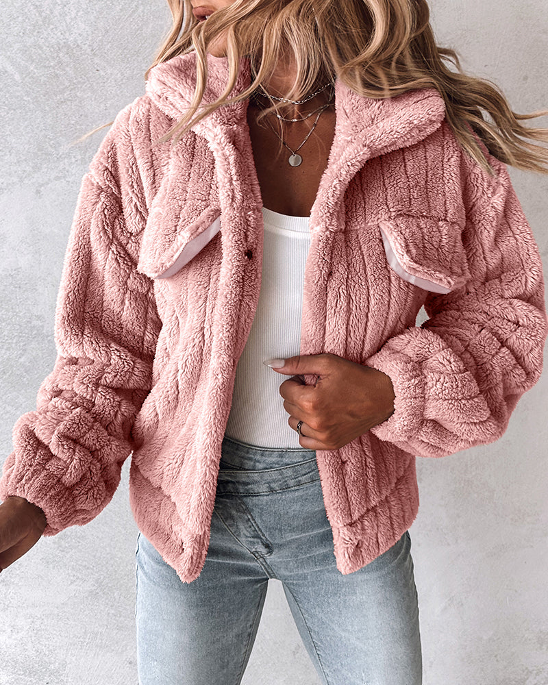 Textured Striped Turn-down Collar Button Front Elastic Cuff and Hem Teddy Fleece Jacket With Decorative Flap Pockets - Image 8