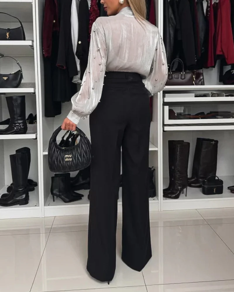 Tie Neck Beaded Long Sleeve Tied Detail Blouses Casual Shirts - Image 13