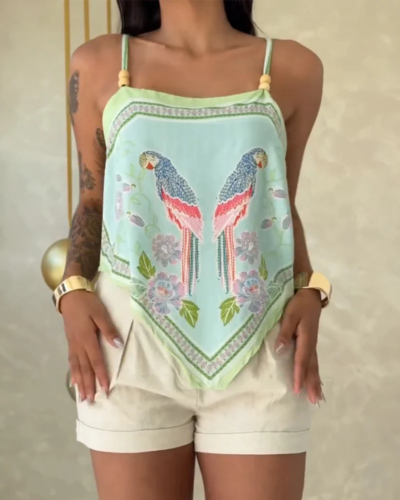 Tropical Animal & Plants Print Square Neck Adjustable Spaghetti Straps Top Sexy Backless Tie Back Asymmetrical Hem Cami Top - Image 10