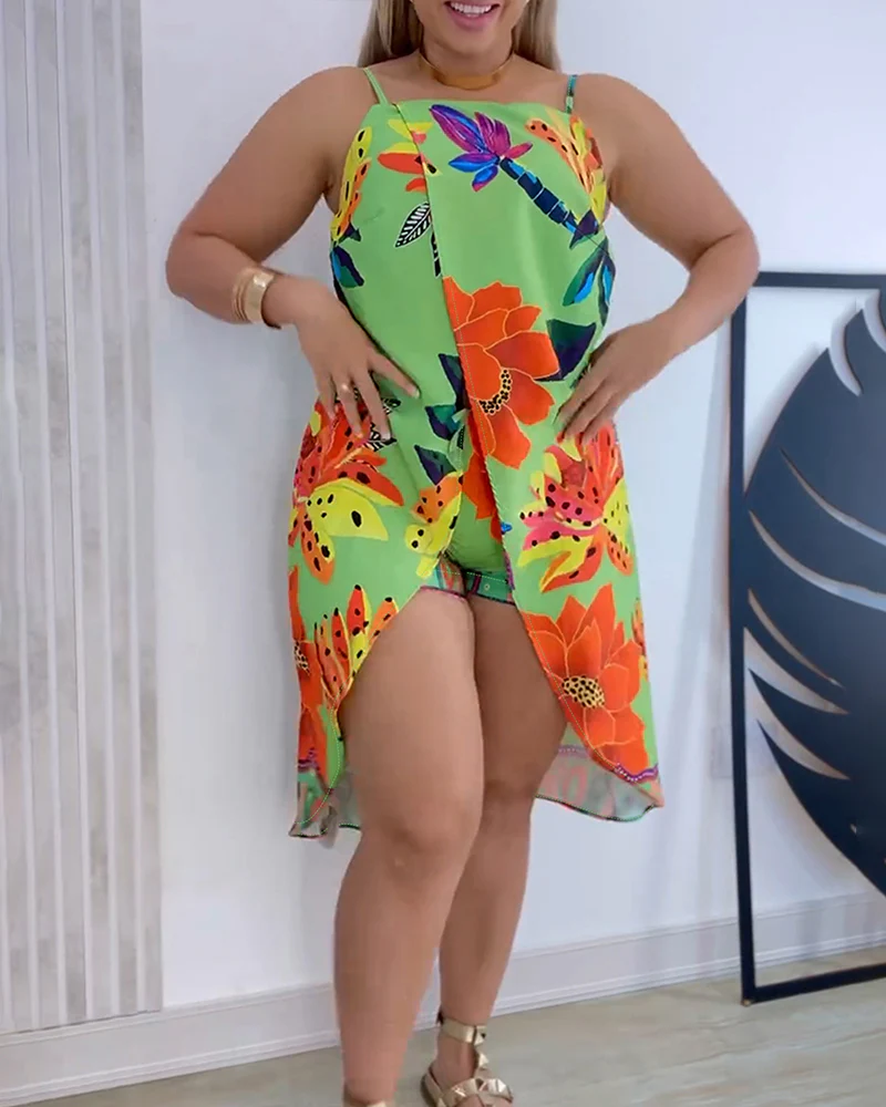 Tropical Floral Print Front Slit Cami Top & Drawstring Shorts Set - Image 3