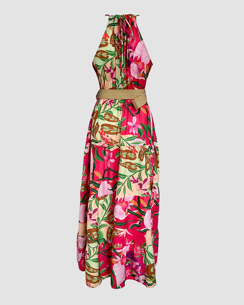 Tropical Print Halter Ruched Sleeveless Maxi Dress Casual A Line Flowy Smock Dress - Image 4