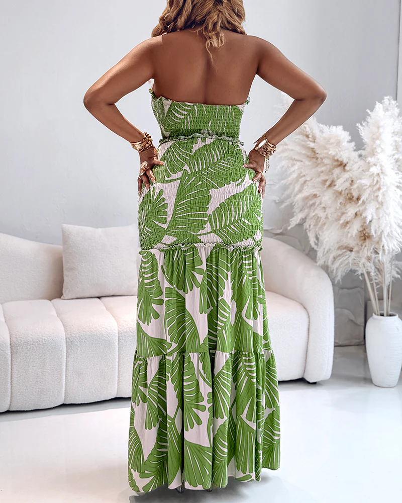 Tropical Print Halter Tie Shirred Frill Trim Cinched Waist Vacation Dress Ruched Cutout Front Slim Fit Ruffle Hem Mermaid Dress - Image 12