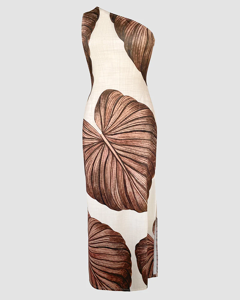 Tropical Print One Shoulder Bodycon Slit Dress Sexy Slim Fit Maxi Dress - Image 5