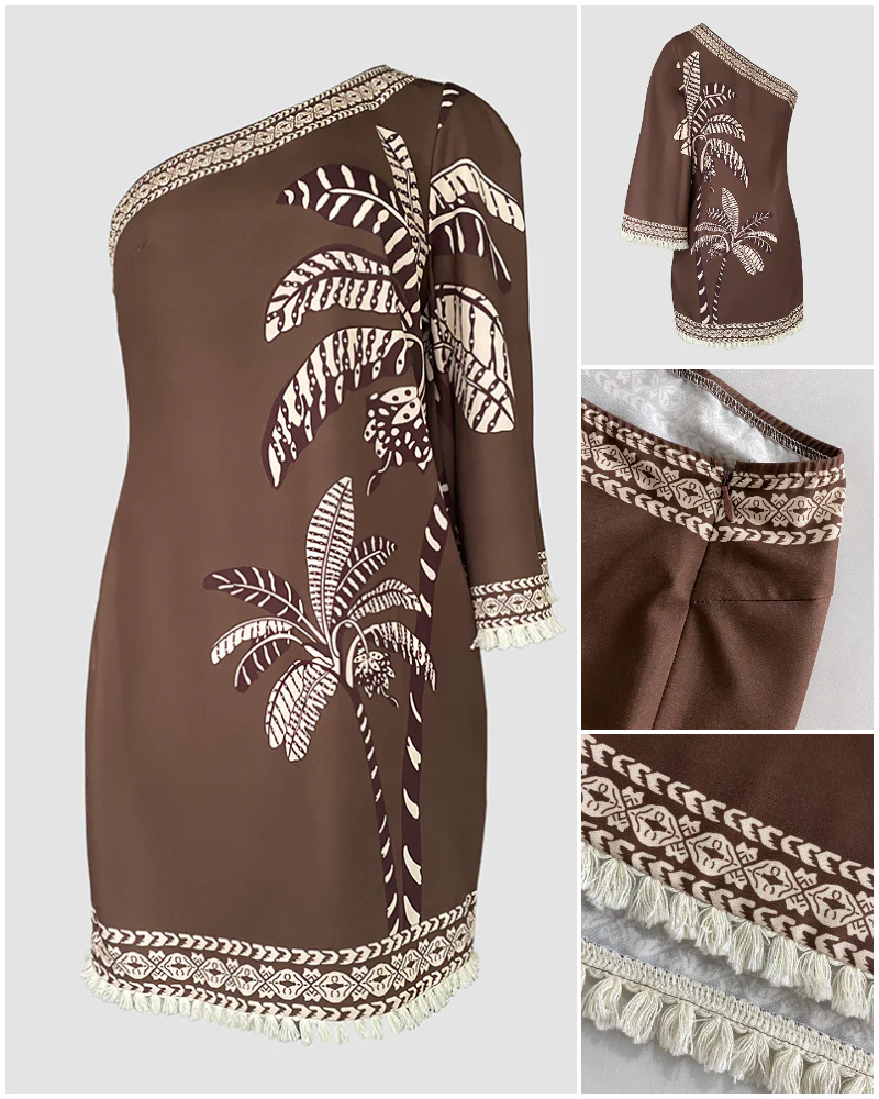 Tropical Print One Shoulder Three Quarters Sleeve A Line Dress Casual Side Zipper Fringe Vacation Dress - Image 4