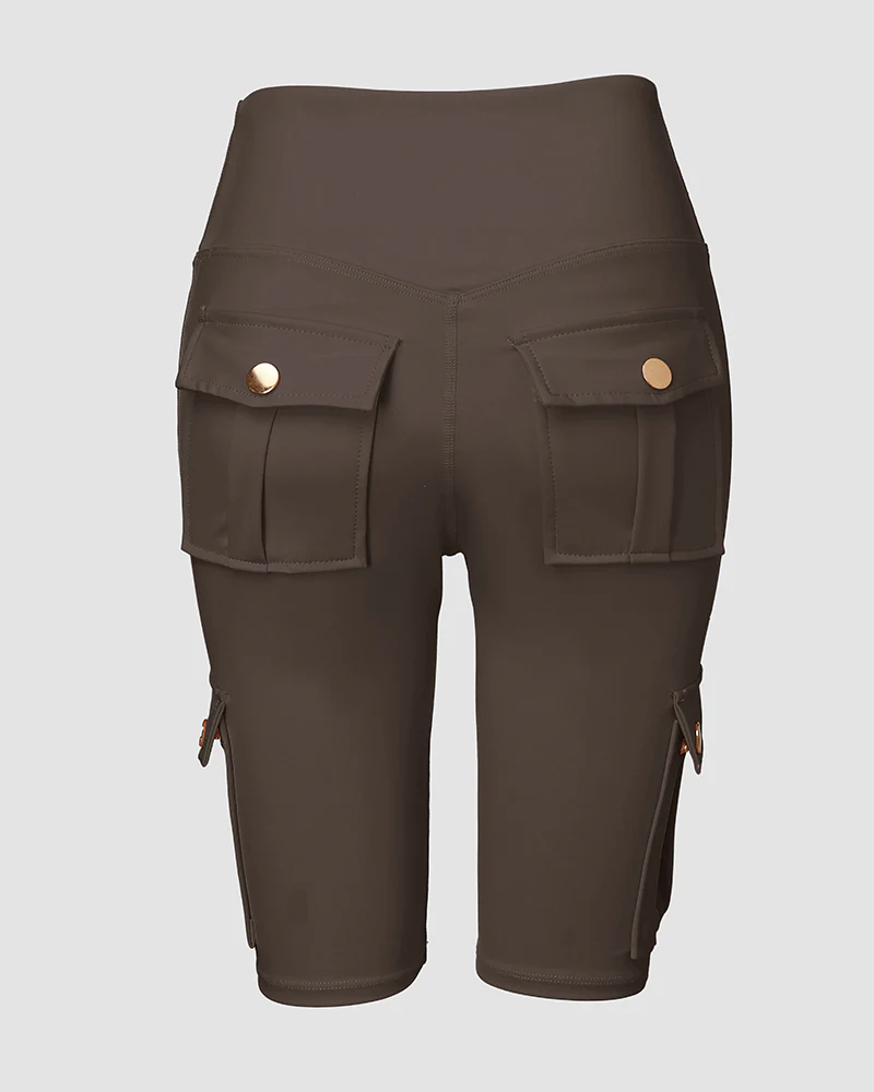 Tummy Control Butt Lifting Active Shorts High Waist Flap Pocket Workout Bermuda Cargo Running Shorts - Image 30
