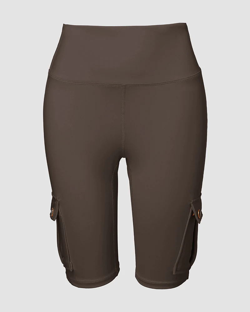 Tummy Control Butt Lifting Active Shorts High Waist Flap Pocket Workout Bermuda Cargo Running Shorts - Image 31