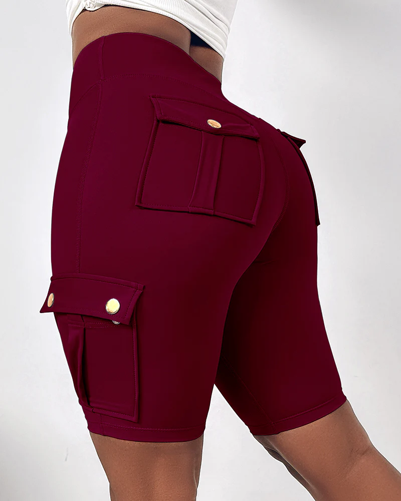 Tummy Control Butt Lifting Active Shorts High Waist Flap Pocket Workout Bermuda Cargo Running Shorts - Image 33