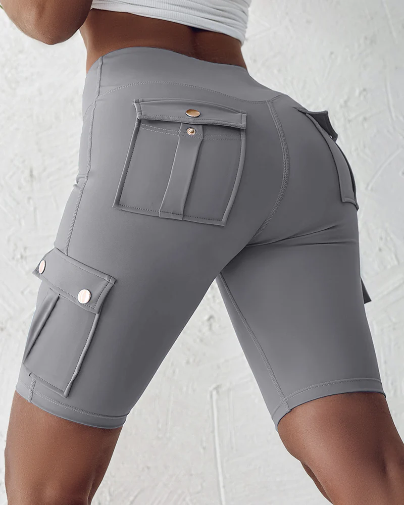 Tummy Control Butt Lifting Active Shorts High Waist Flap Pocket Workout Bermuda Cargo Running Shorts - Image 45