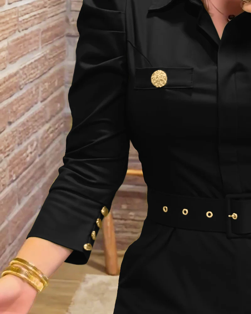 Turn-down Collar Long Sleeve Button Decor Front Slit Slim Fit Mid-Calf Dress Work Bodycon - Image 28