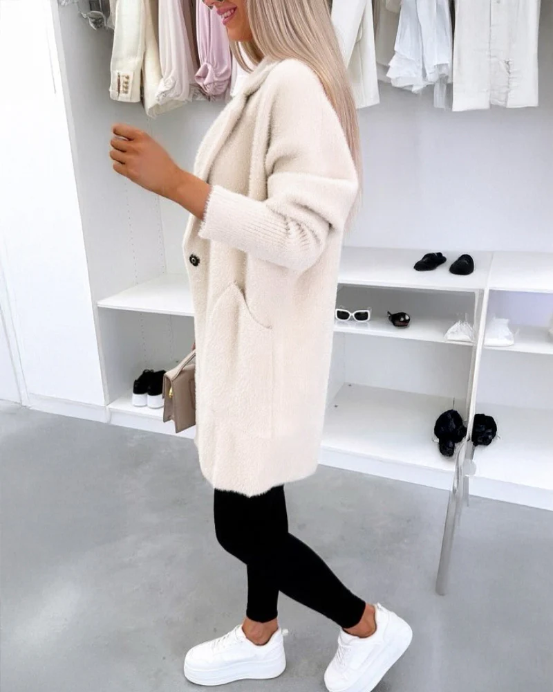 Notched Collar Long Sleeve Single Breasted Coat Casual Mid-legth Fuzzy Coat with Pockets - Image 2