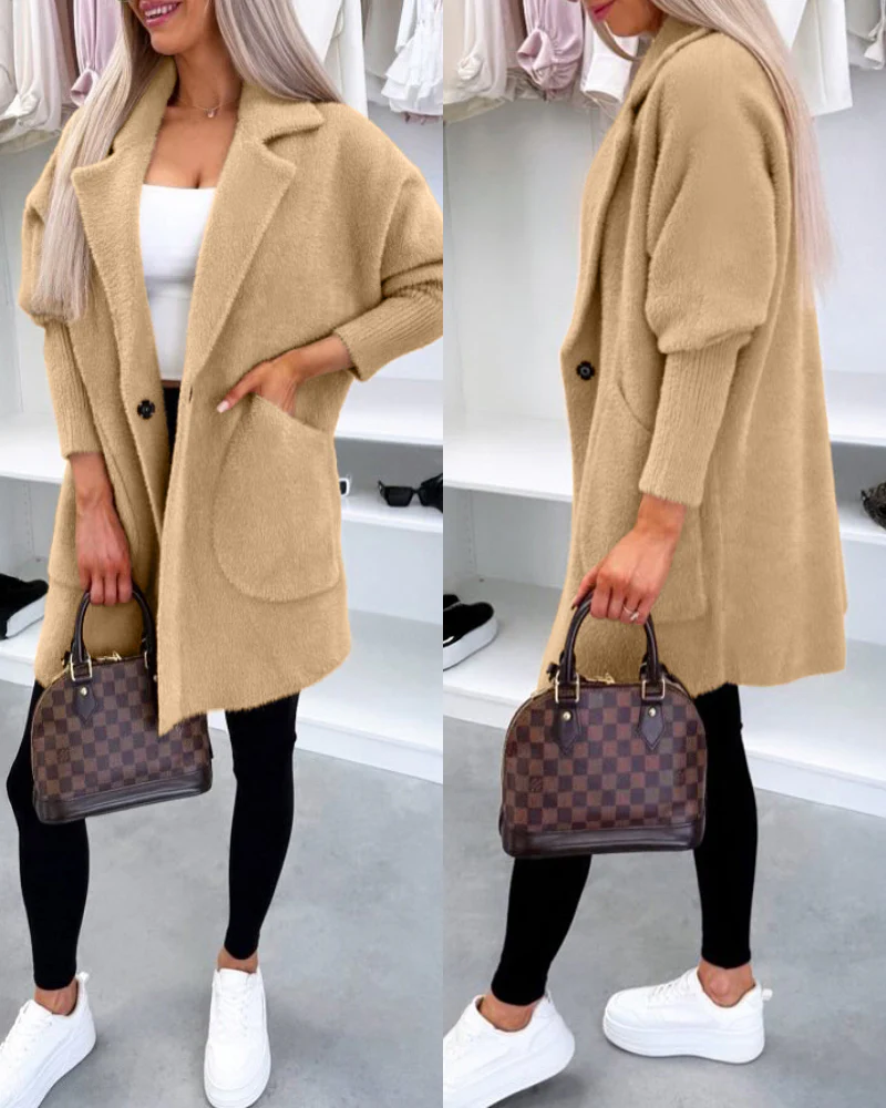 Notched Collar Long Sleeve Single Breasted Coat Casual Mid-legth Fuzzy Coat with Pockets - Image 4