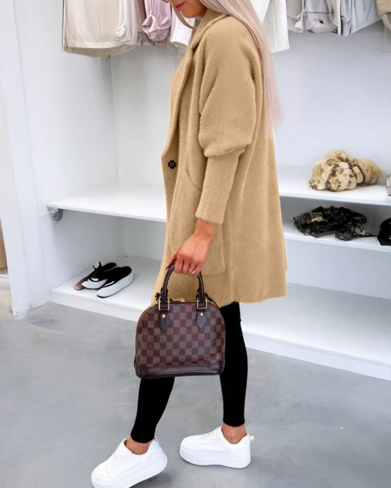 Notched Collar Long Sleeve Single Breasted Coat Casual Mid-legth Fuzzy Coat with Pockets - Image 5
