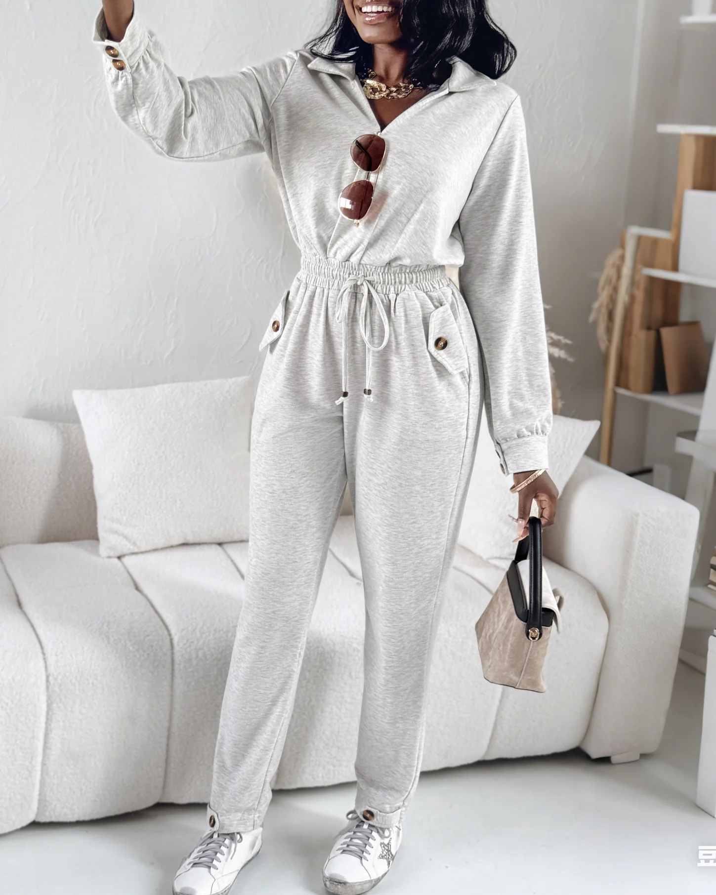 Turn-down Collar Overlap V-Neck Drawstring Stretchy Waist Jumpsuit Casual Flap Pockets Design Jumpsuit - Image 5