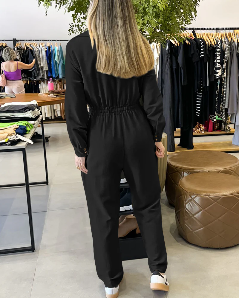 Turn-down Collar Overlap V-Neck Drawstring Stretchy Waist Jumpsuit Casual Flap Pockets Design Jumpsuit - Image 8