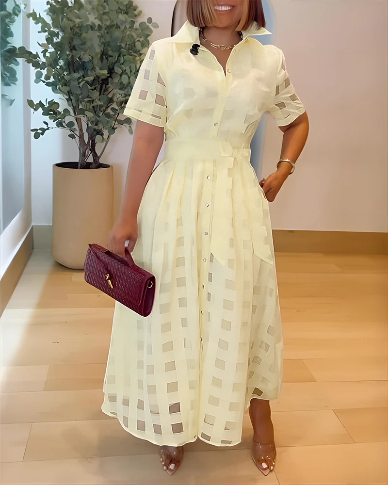 Turn-down Collar Plaid Mesh Double-Layered Cinched Waist Maxi Dress Button Down Bow Tie Waist Commuting Dress - Image 8