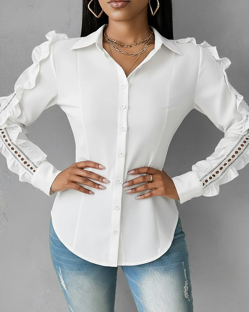 Turn-down Collar Ruffles & Hollow-out Design Long Sleeve Blouse Button Front Asymmetrical Hem Top - Image 6