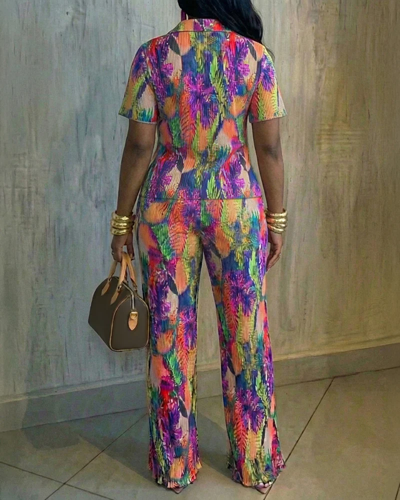 Women's Tropical Print Pleated Two-Piece Set Short Sleeve Button-Down Shirt and High-Waist Wide-Leg Pants Casual Vacation Outfit - Image 2