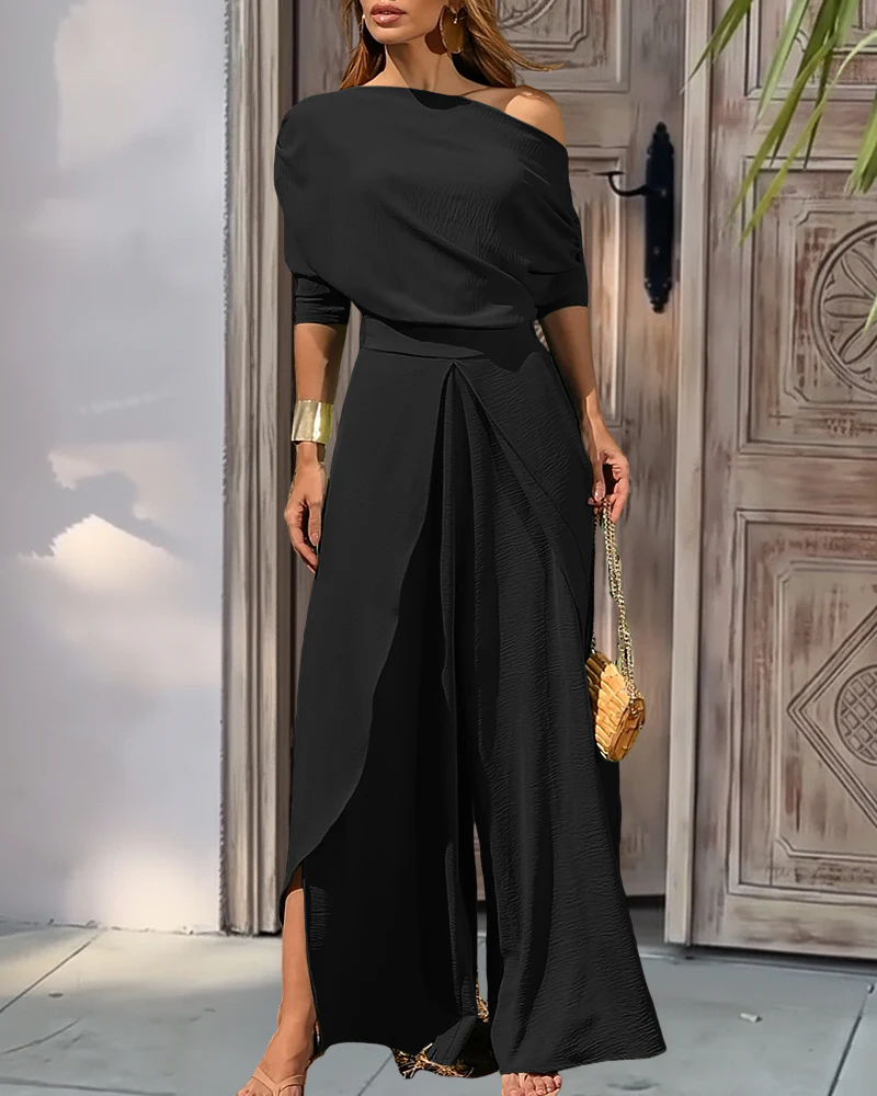 Two-Piece Set Cold Shoulder Batwing Sleeve Top and Casual Elastic Waist Slit Wide Leg Pants - Image 8