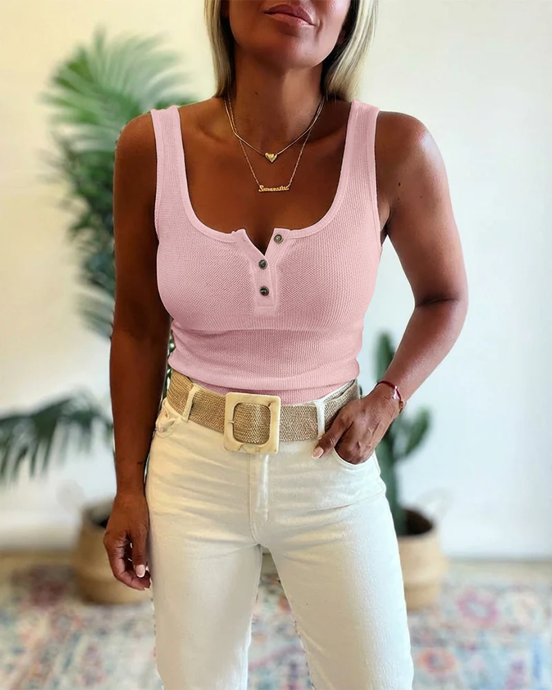U-Neck Sleeveless Half Button Front Tank Slim Fit Backless Knit Waffle Tank Top - Image 16