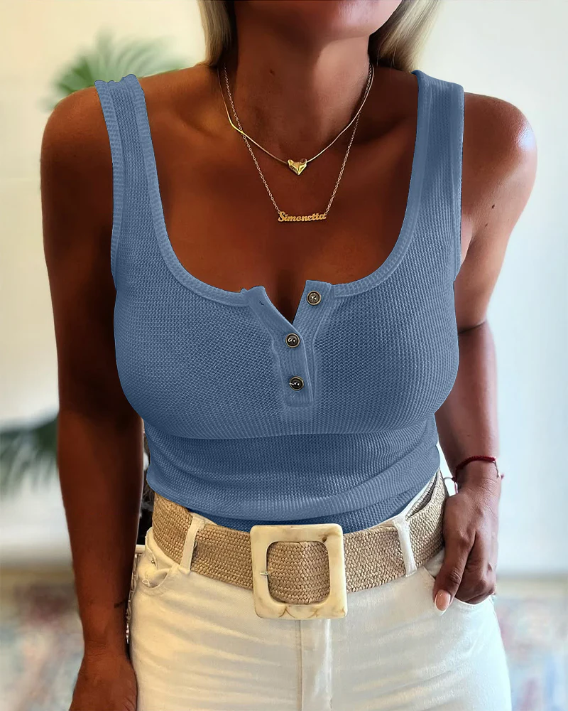 U-Neck Sleeveless Half Button Front Tank Slim Fit Backless Knit Waffle Tank Top - Image 24