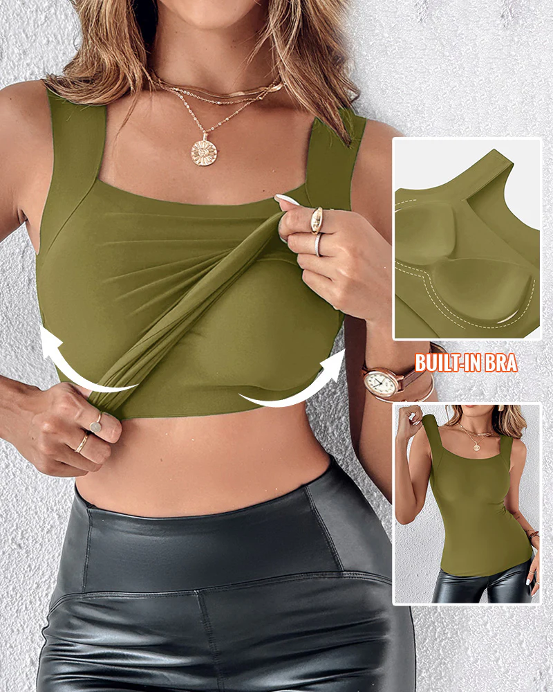 U-Neck Sleeveless Tank Seamless Skinny Layering Top with Built-In Bra - Image 39