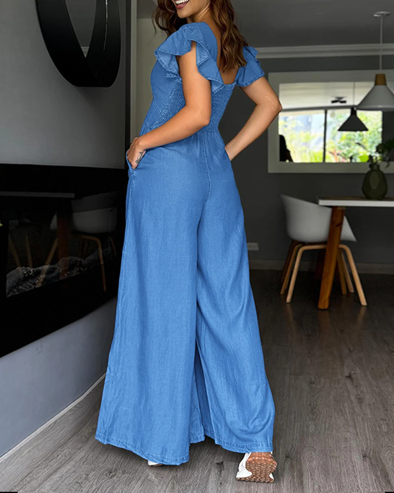 V-Neck Flutter Sleeve Cinched Waist Wide Leg Denim Look Overalls Casual High Waist Backless Shirred Back Jumpsuit - Image 3