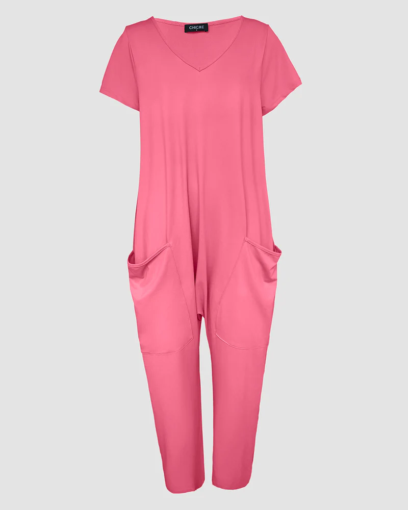 V-Neck High Stretch Tapered Drop-Crotch Casual Jumpsuit With Pockets - Image 13