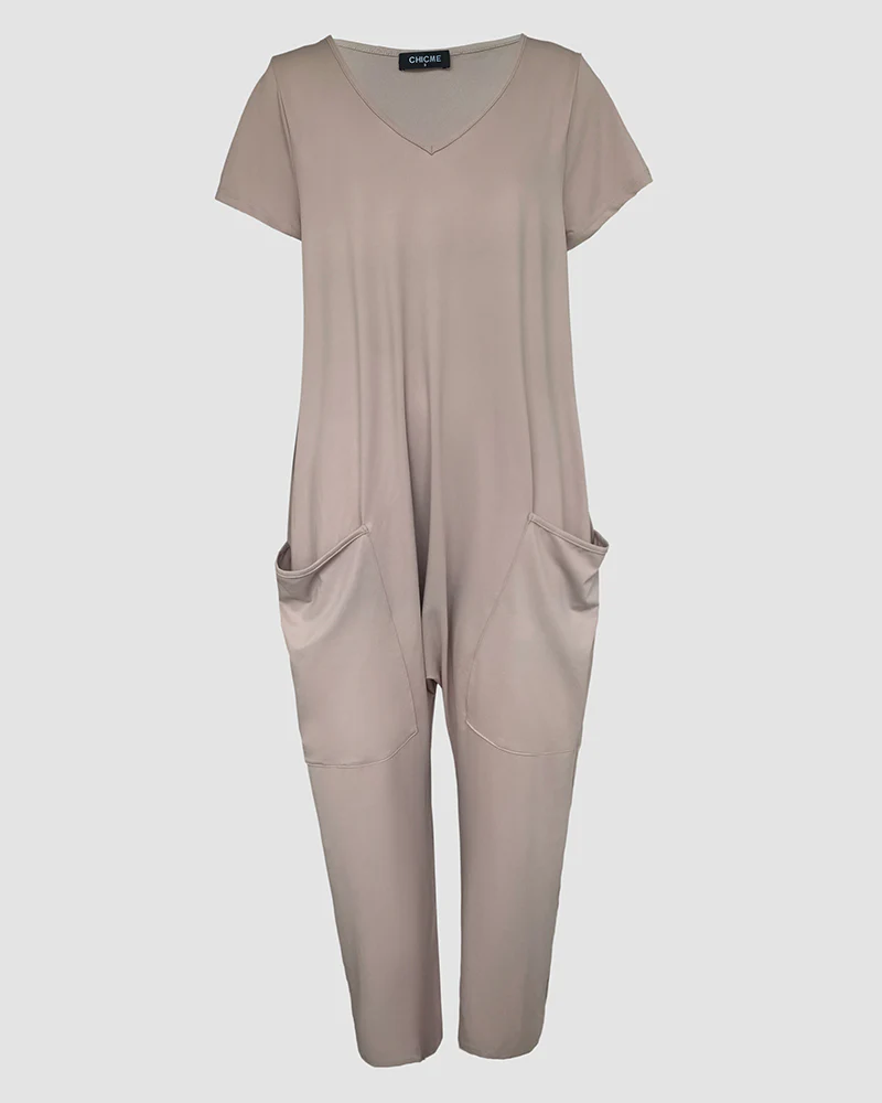 V-Neck High Stretch Tapered Drop-Crotch Casual Jumpsuit With Pockets - Image 7