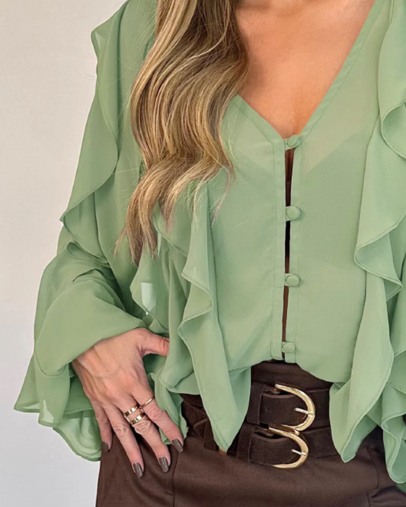 V Neck Shoulder Ruffles Design Blouse Casual Button Front Long Sleeve Top - Image 11